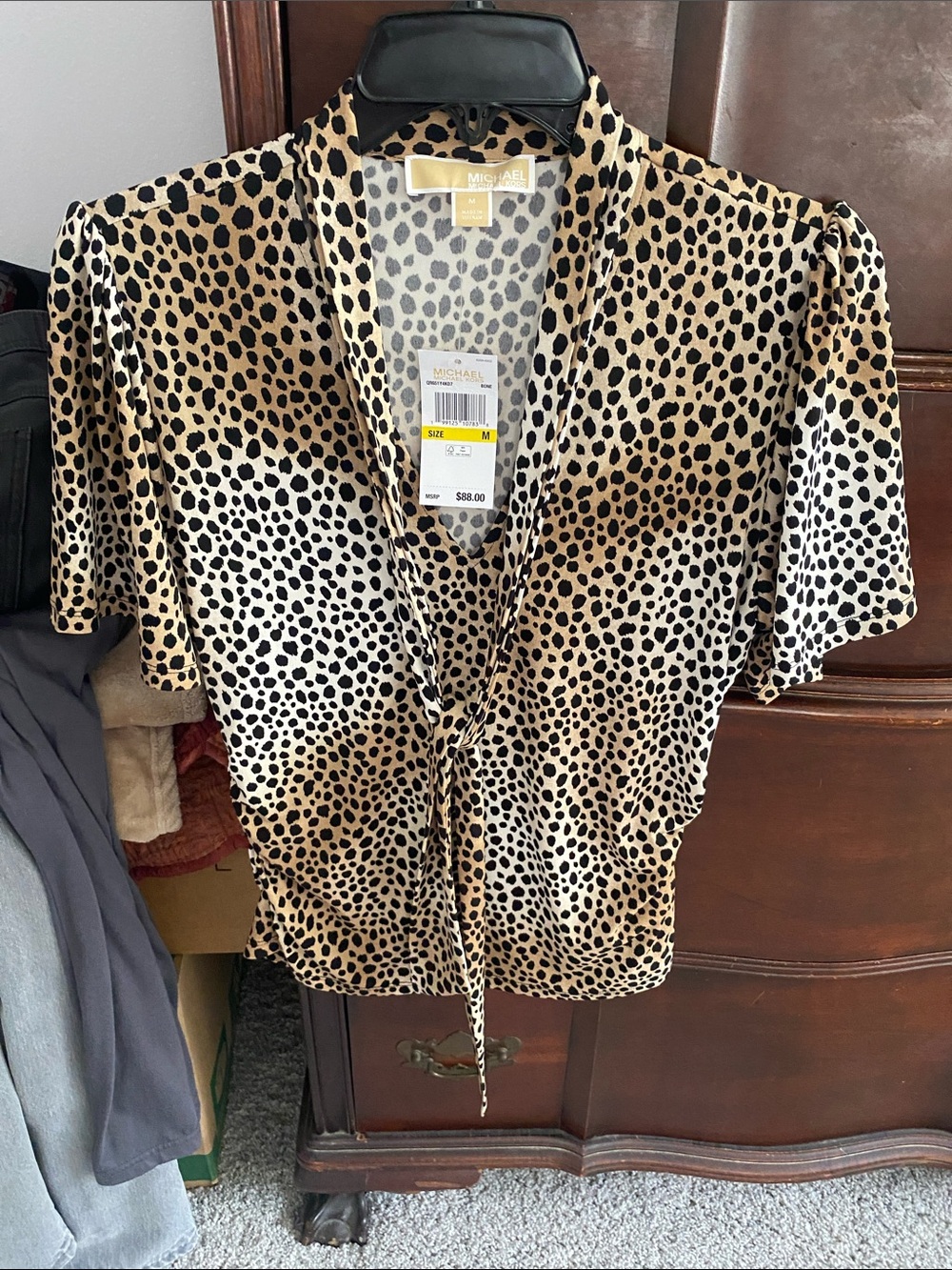 MICHAEL Michael Kors Leopard Print Tie-Front Blouse in Beige and Black